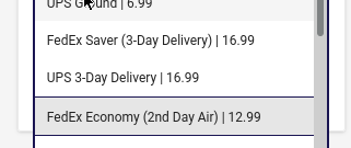 Shipping option list showing FedEx Saver 3-day delivery for $16.99 and FedEx Economy 2nd day air for $12.99