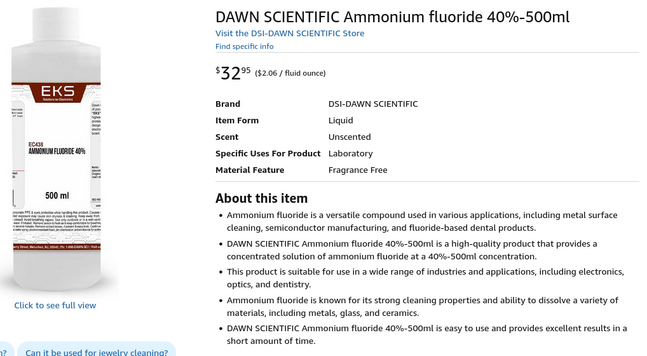 Amazon product page for ammonium fluoride solution listing it as "unscented / fragrance free"