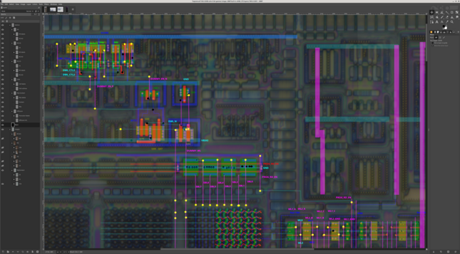 Physical layout of the circuit described in the schematic with cells outlined and each transistor labeled