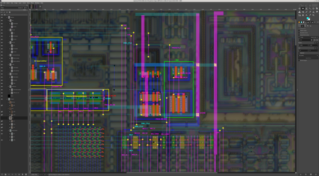 Hand-traced IC layout showing a large inverter being driven by a bunch of polygons that aren't yet understood or labeled