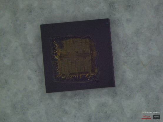 QFN with gold bond wires and part of the die visible thorugh a cavity etched in the top