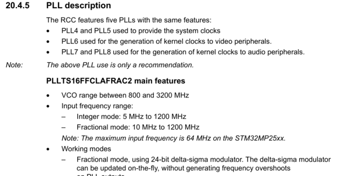 STM32 datasheet listing "PLLTS16FFCLAFRAC2 main features"