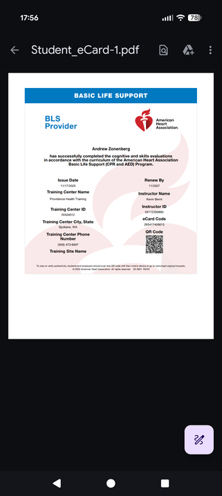 American Heart Association Basic Life Support certification card
