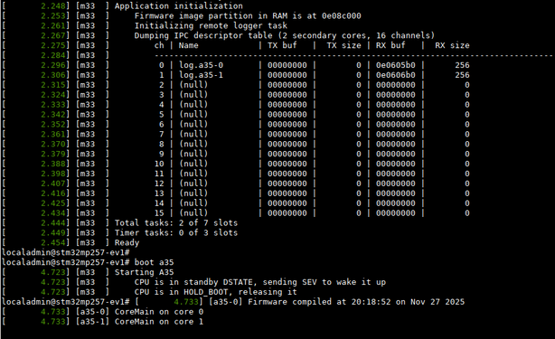 Serial console log showing a bunch of log messages tagged [m33] then hello world messages from [a35-0] and [a35-1]