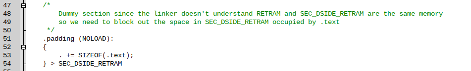 Linker script excerpt that creates a padding section with the size of .text