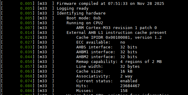 Serial console log printing bus width and size of the I-side L1 cache