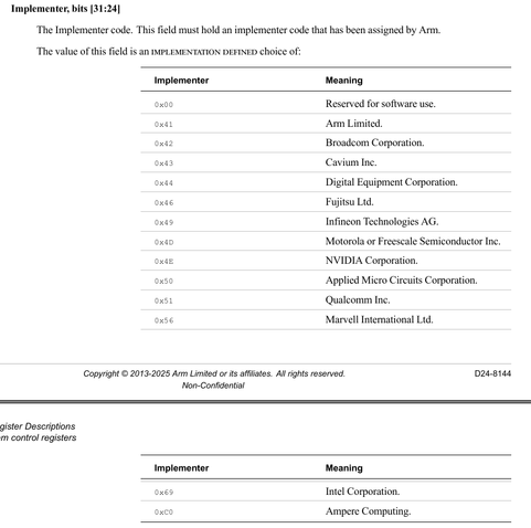 ARM architecture manual showing a list of vendor IDs and names, 0x44 is DEC
