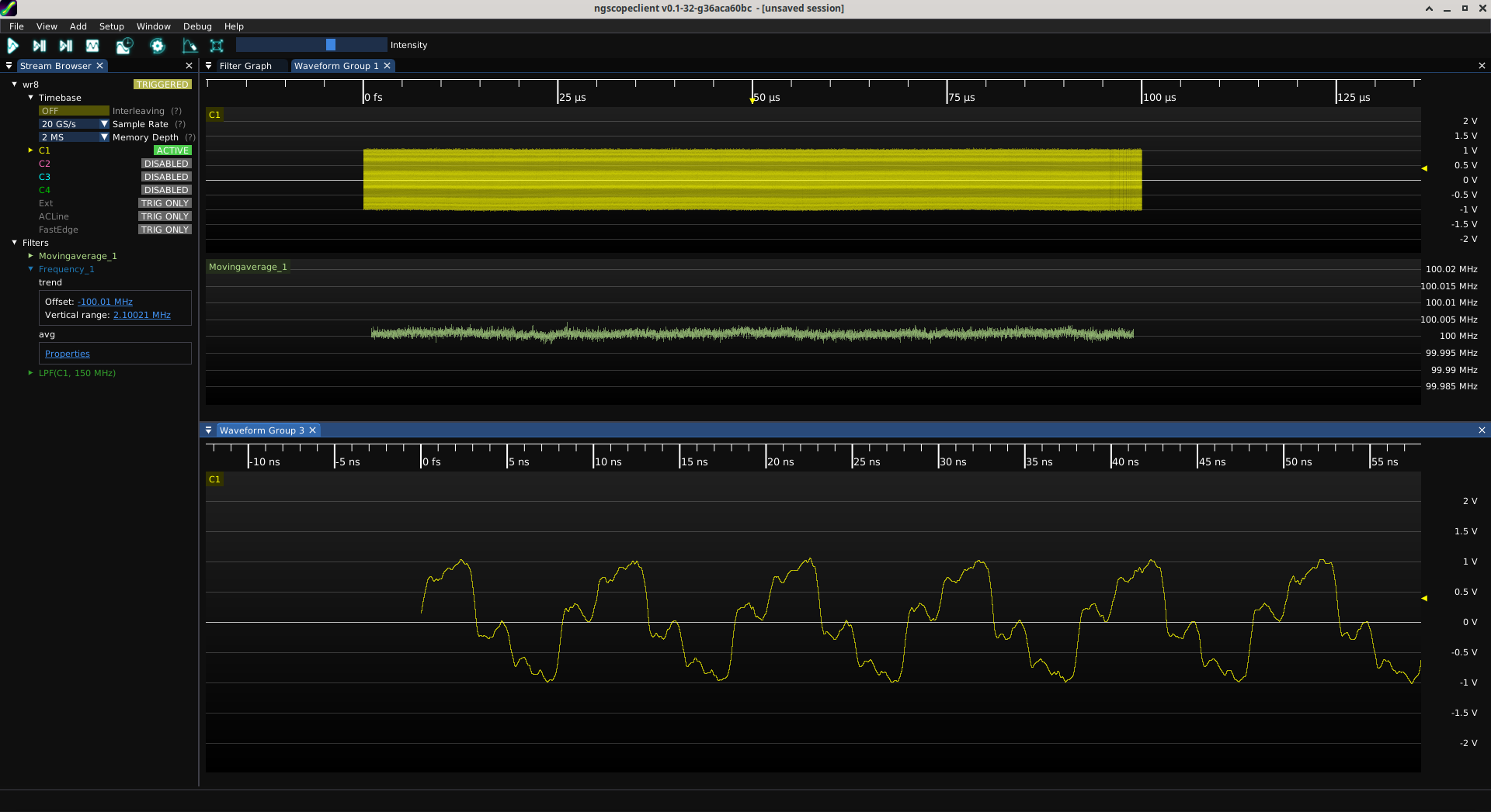 ngscopeclient view of a 100 Mhz waveform with some reflections on it