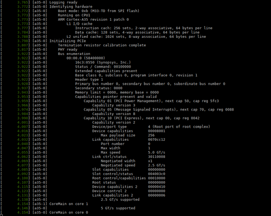 Serial console log showing a bunch of register information and device IDs about the PCIe root complex