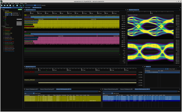 ngscopeclient protocol analyzer view showing reads of the first three words in the config space returning valid data, followed by a write of 0x00 to offset 0x10
