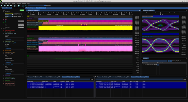 ngscopeclient protocol decode showing two sides of a PCIe link going through most of the training process then hanging because I haven't implemented the rest of the state machine in the FPGA