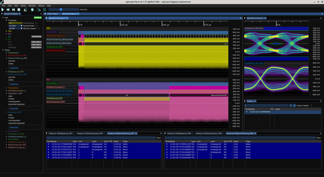 ngscopeclient showing a PCIe link training up to L0, then the link partner sending a bunch of DLLPs but not getting a reply, then eventually timing out and going back to training