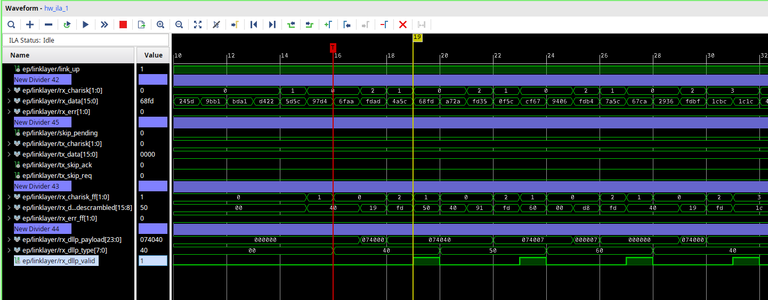 Vivado ILA showing a stream of incoming DLLPs