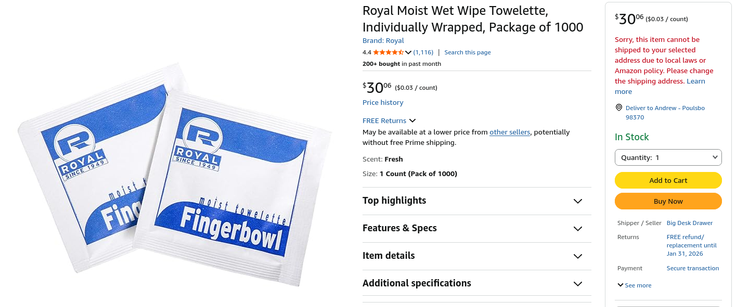 Case of wet naps that amazon refuses to ship to me due to "local laws or amazon policy"