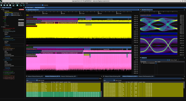 ngscopeclient screenshot showing a first TLP from the host being sent on repeat