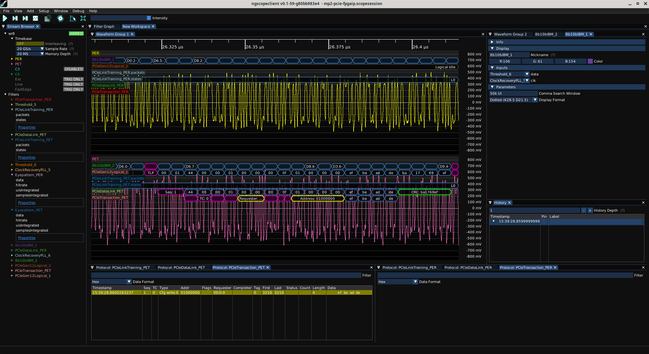ngscopeclient showing a configuration write TLP of 0xdeadbeef