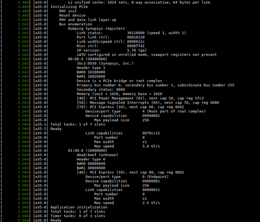 Serial console log showing successful enumeration of a PCIe device reporting ID dead:beef and 2.5 GT/s speed only
