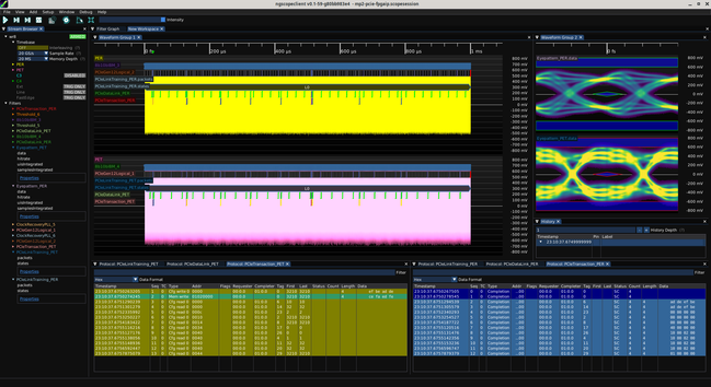 ngscopeclient showing a series of read and write TLPs during enumeration