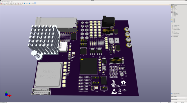 KiCAD 3D render of several large BGAs, a heatsink, a SFP+ cage, and a bunch of passive just scattered around