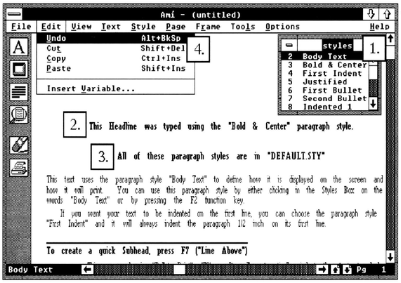 Screenshot of 1988-era word processor Amí for Windows 2.x, showing the Edit menu opened over a sample document demonstrating stylesheets.