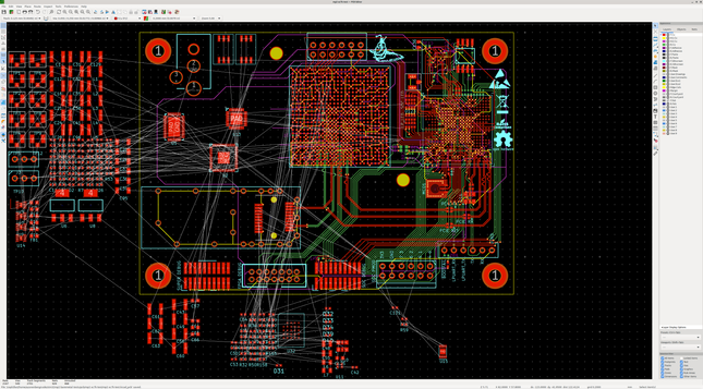 KiCAD layout render of a 4-layer board with a large FPGA at the center, a slightly smaller SoC to the east, a SFP+ in the southwest, and a bunch of floating passives not yet hooked up
