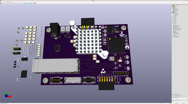 KiCAD 3D render of the top side of a dense PCB with connectors along the south side, two BGAs in the north center and east, and a SFP+ cage in the southwest