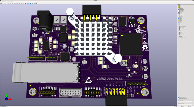 KiCAD 3D render of a very dense board with a large heatsink in the center, SFP+ in the southwest corner, and multichannel switching power supply north of it
