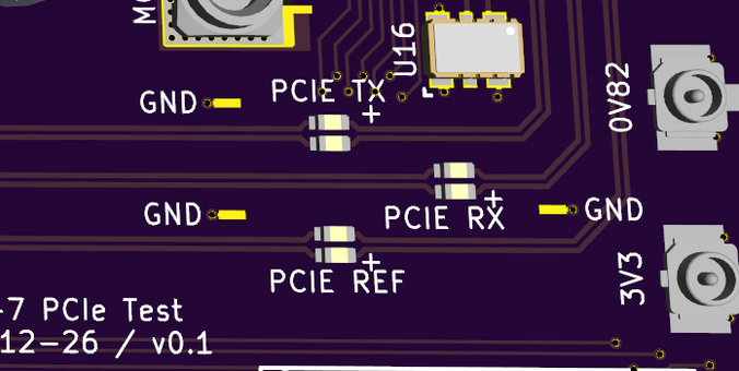 PCIe differential pairs clearly labeled with direction and polarity, with easily solderable ground straps in close proximity