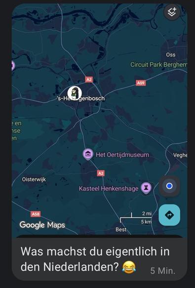 A signal screenshot showing a Google mps screenshot of me being localized in the Netherlands, with a message from my girlfriend below saying:"What are you doing in the Netherlands btw? 😂"