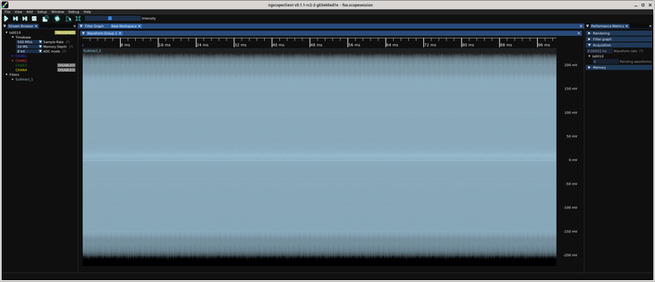ngscopeclient displaying a very zoomed out waveform with trigger rate counter showing 8.3 WFM/s