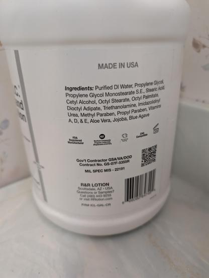 Closeup of R&R Lotion ICL-GAL-CR label with ingredients list consisting of water, propylene glycol, some stearates and pH buffers, vitamins, and aloe