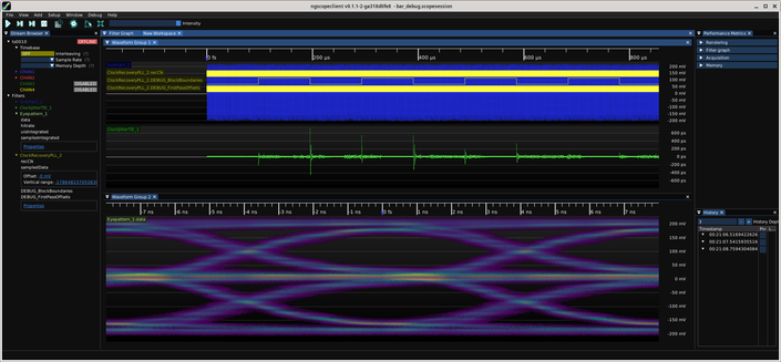 ngscopeclient displaying a low frequency square wave labeled "DEBUG_BlockBoundaries" and a jitter waveform with large spikes every time the block boundary signal toggles