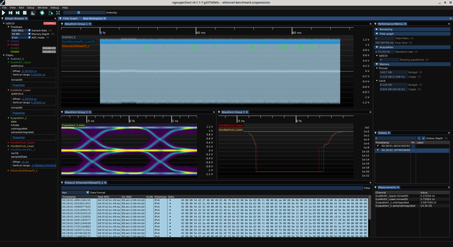 ngscopeclient screenshot showing decodes of 100baseTX ethernet