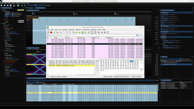 ngscopeclient decoding Ethernet frames off the wire and piping them into Wireshark live