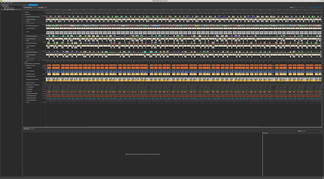 NSight Systems profiler showing ngscopeclient ingesting streaming waveform data from a ThunderScope, with each waveform clearly visible as a burst of activity