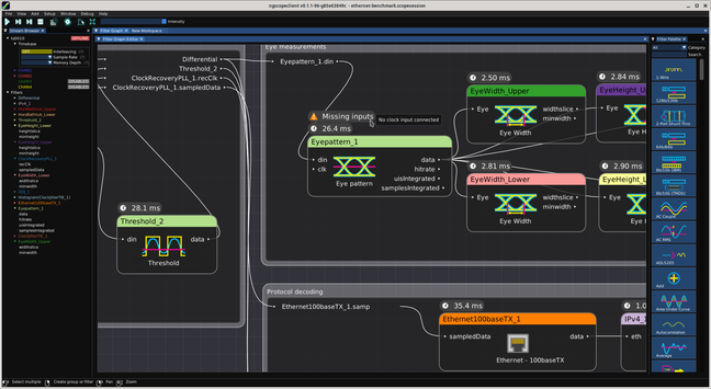 Screenshot of a ngscopeclient filter graph with an eye pattern block displaying an exclamation point icon and the text "missing inputs" above it. A tooltip next to this message reads "No clock input connected".