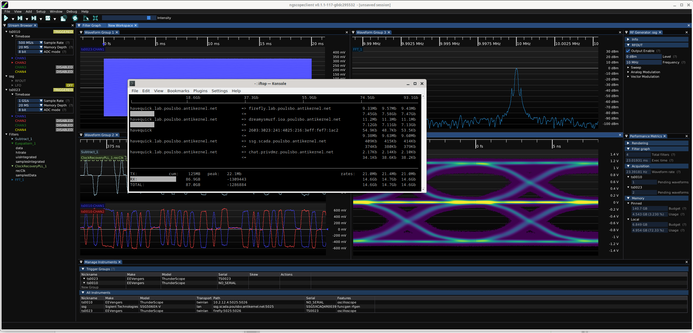 ngscopeclient showing a FFT and eye pattern from two different ThunderScopes plus an iftop window showing about 15 Gbps of network traffic