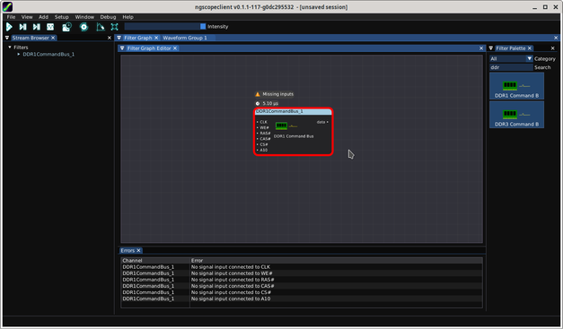 Filter graph editor showing a single block outlined in red with a list of missing inputs in a scrollable list below it