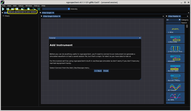 ngscopeclient showing a speech bubble reading "Add an oscilloscope to your session" on the menu bar, with a tutorial wizard in the main application view prompting the user to add the scope